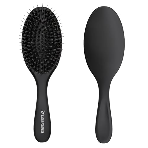 Boar Bristle Brush for Women, Men & Kids, Detangling Brush for Fine, Thinning, Dry or Wet Hair with Nylon Pins, Smooth & Shine Brush for Long Styles and Extensions – Black - color: Black