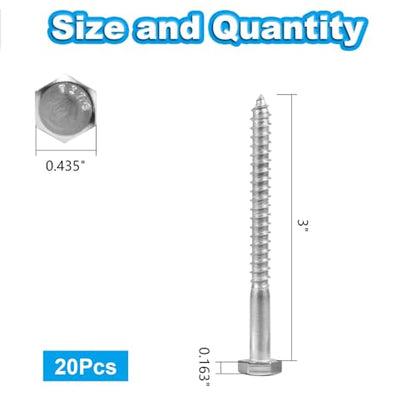 20 Pcs 1/4" x 3" Hex Head Lag Screws, 304 Stainless Steel Lag Bolts Hexagon Head Wood Screws Heavy Duty Large Screws for TV Mounts, Deck, Boat Repair - size: 1/4 x 3"(20 pcs)