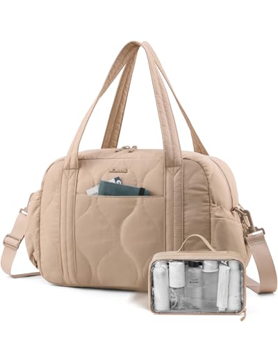 LOVEVOOK Travel Bags for Women, Puffer Weekender Womens Gym Bags with Toiletry Bag, Lightweight Carry on Overnight Bag Hospital Bag, Personal Item Bag for Airplanes - color: Khaki, size: 20L-2 Pcs