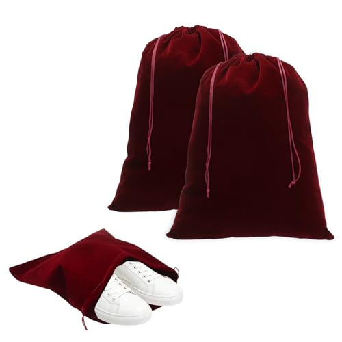 Cloth Shoe Bags for Travel, Flannel Pouch with Drawstring Closure Washable Breathable Cotton Fabric, 15.8x11.8" & 2 Pcs & Dark Red- Fit for (Men Women/Luggage/Storage) - color: Dark Red
