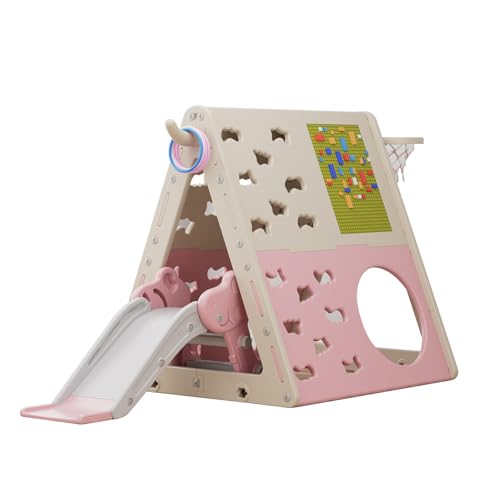UNICOO Children’s 7 in 1 Multi-Functional Climbing Pyramid Set with Slide, Kids Climbing and Sliding Set for Home, Daycare (KU-C04-Pink) - color: Pink