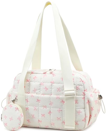 CAMTOP Mini Gym Bag for Women, Small Gym Tote Bag Puffy Quilted Sports Duffel Bag with Wet Compartment and Coin Purse Duffel Bags Dance Yoga Workout Bag for Gifts (Beige Pink Bow, Mini-12.6") - color: Beige Pink Bow, size: Mini-12.6"