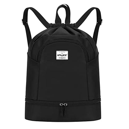 Dry Wet Drawstring Backpack with Shoe Compartment for Women Adjustable Gym Bag - color: Black