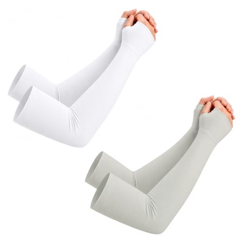 netdraw Unisex Bamboo Viscose Arm Sleeves with Thumb Hole, Cooling UPF 50+ UV Sun Protection Sleeves for Outdoors - color: White/Sage, size: Large-X-Large