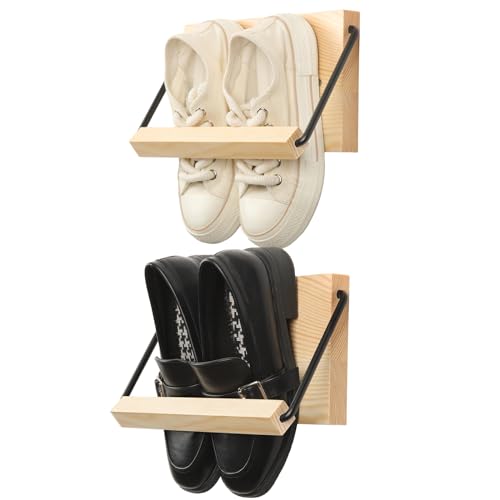Mifoci 2 Pcs Wall Mounted Shoe Rack Organizer Wooden Modern Compact Wall Space Saving Shoe Holder Storage for Sneaker Footwear Slipper Boots Entryway Narrow Spaces Hallway(9.84'' Long) - size: 9.84'' Long