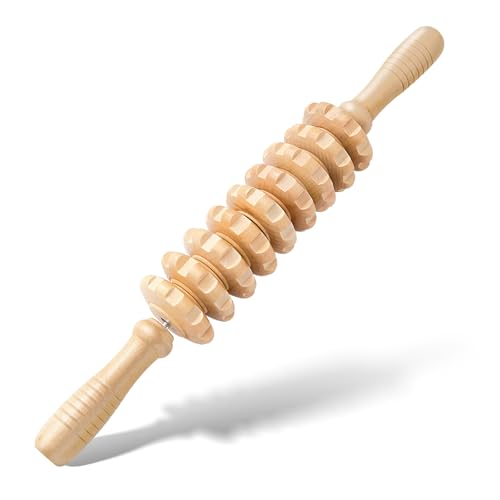 Wooden Cellulite Muscle Roller for Legs and Thighs - Handheld Fascia Blaster Tool for Muscle Relief, Lymphatic Drainage & Body Sculpting - Anti Cellulite Massager for Women and Men (9 Wheel) - color: White 9 Wheel