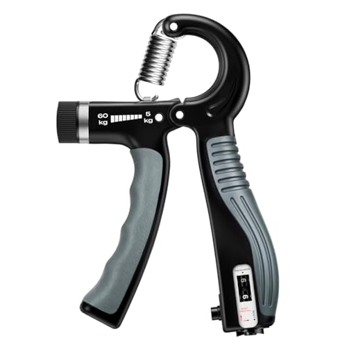 Grip Strength Trainer - Adjustable Resistance 11-132lbs/5-60kg Hand Gripper & Forearm Strengthener Device with Smart Counter for Sports & Rehab - color: black grey