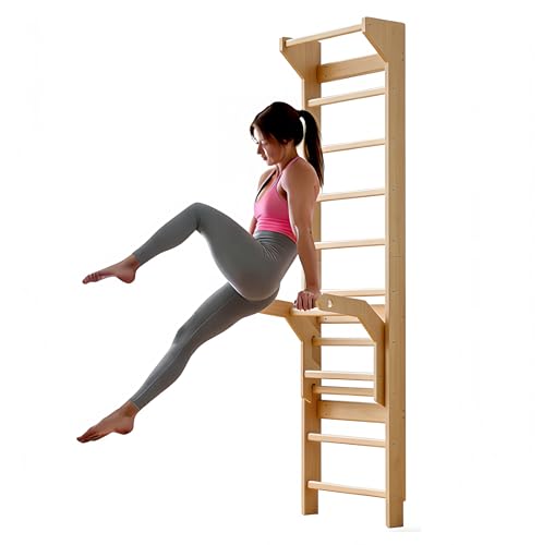 Swedish ladder wall gym adult & Pull Up Bar Gymnastics Bar – Ultimate Wall Bars for Exercise with Adjustable Dip Bar Attachment,Moves wall bars, Wood Stall Bars for Home, Calisthenics, Physical Therapy and Kids Training - color: Burlywood
