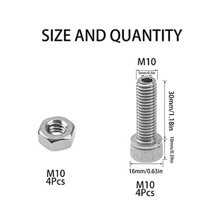 4Pcs 304 Stainless Steel Cylindrical Hollow Hexagon Socket Screw Lamp Threading Through Hole Bolt with Nut (M10x30) - size: M10x30