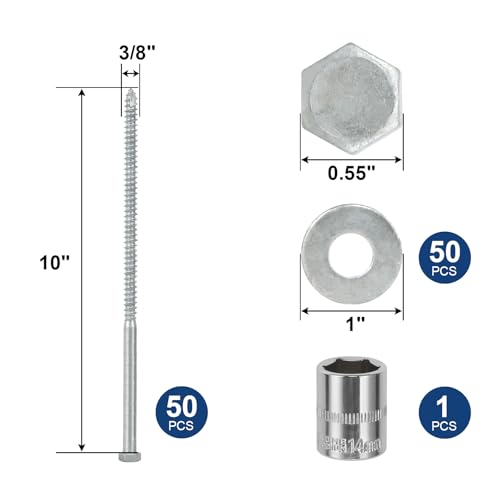 3/8" x 10" Lag Screws Bolts with Washers(50Pcs) | Hot Dip Galvanized Hex Head Lag Screws, Heavy Duty Lag Bolts for Wood, TV Mounts, Deck, Boat Repair - size: 3/8x10in