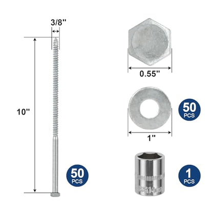 3/8" x 10" Lag Screws Bolts with Washers(50Pcs) | Hot Dip Galvanized Hex Head Lag Screws, Heavy Duty Lag Bolts for Wood, TV Mounts, Deck, Boat Repair - size: 3/8x10in
