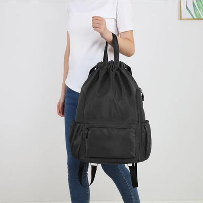 Valleycomfy Waterproof Drawstring Gym Backpack Bag for Men & Women Black | Sports Gym Bag with Side Pocket - color: A-black