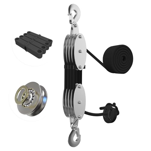 YATOINTO Rope Hoist Pulley System with Metal Bearing Rope Guide, 4400LB Pulley Block and Tackle, 8:1 Ratio Lifting Power 65ft, Heavy Duty Pulley Block for Hunting Lifting Garage Warehouses Building - size: (Anti-tangle)4 Pulley