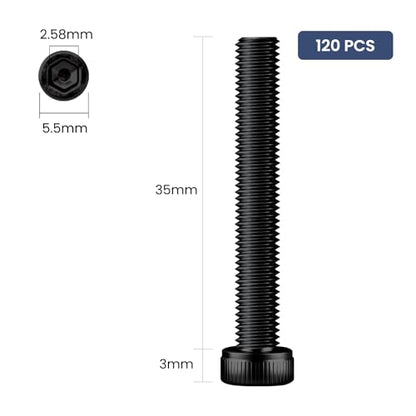 120pcs M3 x 35mm Hex Socket Head Cap Screws Bolts, 12.9 Grade Alloy Steel, Black Oxide Finish, Allen Socket Drive, Full Threads,with Hex Spanner - size: M3 x 35mm