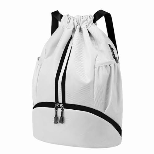 Hoedia Sports Drawstring Backpack - Swim Gym Bag for Women and Men | String Bag with Shoes Compartment and Wet Proof Pocket, Adjustable Wider Shoulder Strap, For Soccer, Basketabll, Volleyball - color: White, size: Large