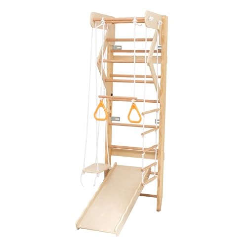 6-in-1 Swedish Ladder Wall Gym, Indoor Kids Playground with Swing, Rope Ladder, Pull-Up Bar, Slide, Gymnastic Rings, Wooden Wall Mounted Indoor Play Set for Kids & Adults (Style A)
