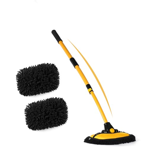 anngrowy 47.64" Car Wash Brush Mop Kit Mitt Sponge with Long Handle Car Cleaning Supplies Kit Tools Car Washing Duster Exterior Scratch Free, Chenille Replacement Head Extension Pole - color: Black 2
