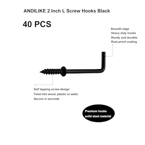 40 PCS 2 Inch Screw in L Shaped Hooks, Black 7 Shaped Right Angle Screw Hooks for Hanging Lamp,Plants,Decorations,kitchenware and DIY Crafts - size: 2inch 40pcs