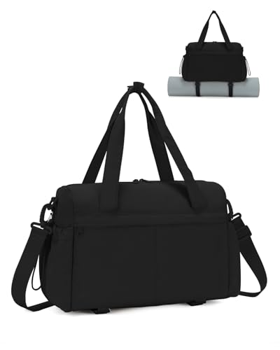 Small Gym Bag, Mini Gym Bag with Yoga Mat Holder & Wet Compartment, Black | Yoga Mat Bag, Water Bottle Pocket, Detachable and Adjustable Shoulder Strap, Mini Duffle Bag for Workout Travel Dance - color: Puffer Black