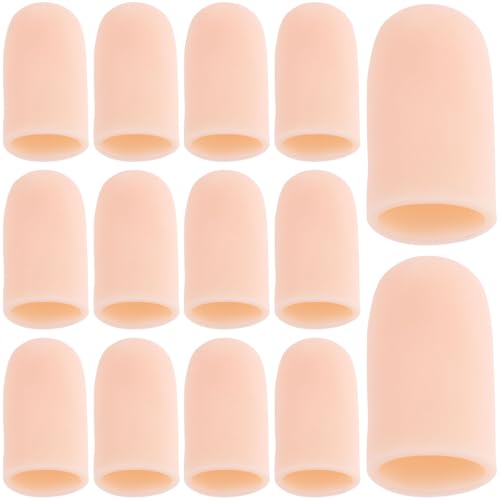 Joez Wonderful 14pcs Gel Finger Cots, Silicone Finger Protectors, Finger Caps Covers Finger Sleeves Fingertips Protection for Finger Cracking Blister (Beige, Small) - color: [14pcs] Small, Beige