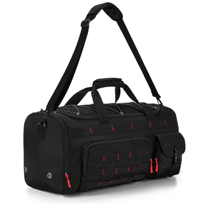 Gonex 45L Tactical Duffel Bag, 3-in-1 Gym & Travel Bag | Shoe compartment, Tactical gear loops, Water-repellent lining, 5 zip pockets, Weekend travel - color: Black with Red Accents, size: 45L