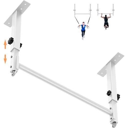 48" Ceiling Mount Pull Up Bar, Heavy Duty Multi-Grip Rafter Chin Up Bar for Garage/Basement/Backyard Ceiling Beam, Adjustable Height&Supports to 650 Lbs - color: White