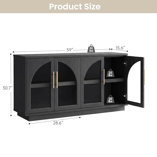 Fatmok 59" Buffet Cabinet with Glass Doors, Modern Arched Sideboard with Large Storage and Adjustable Shelves, Accent Console Credenza for Dining Room, Living Room, Entryway, Black Grey - color: B-black Grey