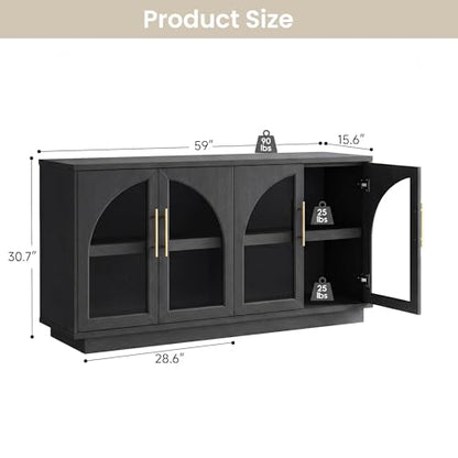 Fatmok 59" Buffet Cabinet with Glass Doors, Modern Arched Sideboard with Large Storage and Adjustable Shelves, Accent Console Credenza for Dining Room, Living Room, Entryway, Black Grey - color: B-black Grey