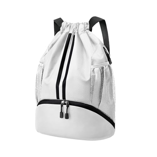 Hoedia Sports Drawstring Backpack - Swim Gym Bag for Women and Men | String Bag with Shoes Compartment and Wet Proof Pocket, Adjustable Wider Shoulder Strap, For Soccer, Basketabll, Volleyball - color: White, size: Medium