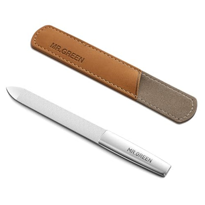 MR.GREEN Professional Double Sided Stainless Steel Nail File with Non-Slip Handle and Leather Case, Pointed Nail Buffering Files Washable - size: MR-2111