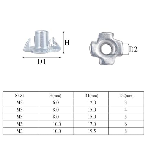 90 PCS T-Nuts 4 Claws Nut Assortment Kit, M3 M4 M5 M6 M8 Zinc Plated Carbon Steel Blind Inserts Nut with Box for Wood, Rock Climbing Holds, Cabinetry