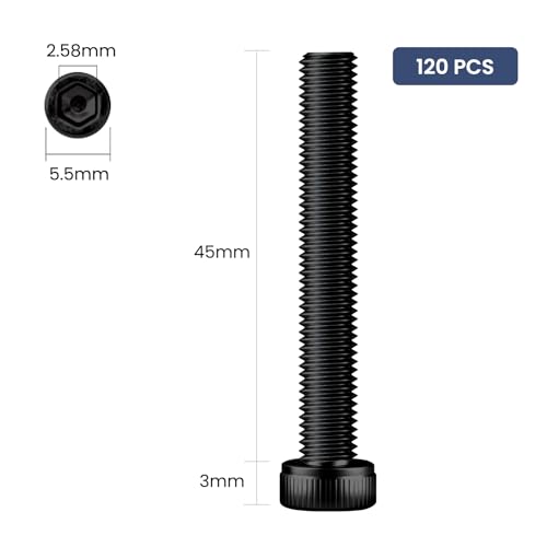 120pcs M3 x 45mm Hex Socket Head Cap Screws Bolts, 12.9 Grade Alloy Steel, Black Oxide Finish, Allen Socket Drive, Full Threads,with Hex Spanner - size: M3 x 45mm