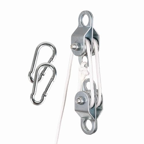 Double Snatch Block and Tackle Pulley System – 32 Ft x 1/4'' Rope and Hook,Cable Pulley for Garage,Attic,Kayak,Bicycle, 150LB Lifting
