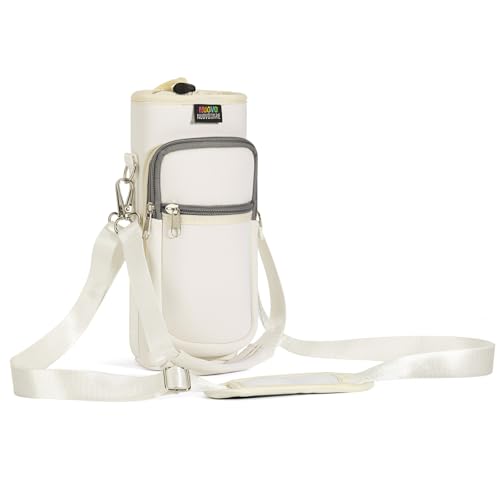Nuovoware Water Bottle Carrier Bag, 25oz/32oz Water Bottle Holder with Strap, Adjustable Shoulder Hand Strap 2 Pocket Water Bottle Sling Bag Neoprene Sleeve for Hiking Travelling, MilkWhite - color: MilkWhite, size: 25-32 Ounces - Standard