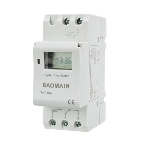 BAOMAIN THC15A 12V Digital Programmable Timer Switch,16A Weekly Relay | AC/DC 12V Power Input with 16A Max Switch Capacity,Up To 250VAC,Supports 28 Weekly Settings. Din Rail Mount