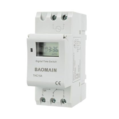 BAOMAIN THC15A 12V Digital Programmable Timer Switch,16A Weekly Relay | AC/DC 12V Power Input with 16A Max Switch Capacity,Up To 250VAC,Supports 28 Weekly Settings. Din Rail Mount