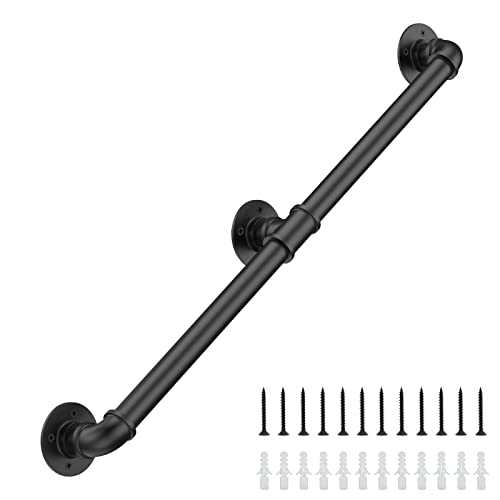 5FT Industrial Stair Railing Wall Mount Staircase Handrail φ1.3 Pipe Hand Rail for Steps Grab Bar Foot Rail Vintage Pipe Railing Black Deck Handrail for Outdoor Indoor Stairs Porch - size: 5 Feet