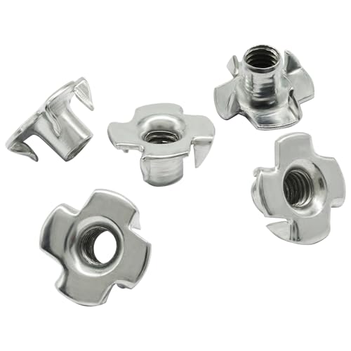 1/4"-20 T-Nuts, 100 Pack, 4 Pronged, Zinc-Plated Steel | 5/16" Barrel, Threaded Insert, For Wood, Rock Climbing Holds, Cabinetry, Furniture