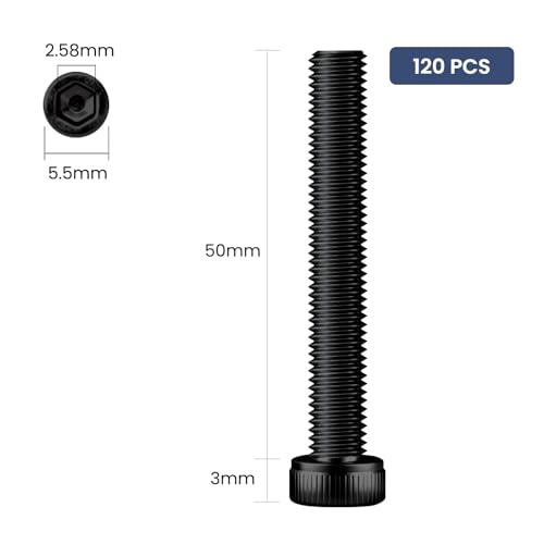 120pcs M3 x 50mm Hex Socket Head Cap Screws Bolts, 12.9 Grade Alloy Steel, Black Oxide Finish, Allen Socket Drive, Full Threads,with Hex Spanner - size: M3 x 50mm