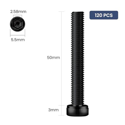 120pcs M3 x 50mm Hex Socket Head Cap Screws Bolts, 12.9 Grade Alloy Steel, Black Oxide Finish, Allen Socket Drive, Full Threads,with Hex Spanner - size: M3 x 50mm