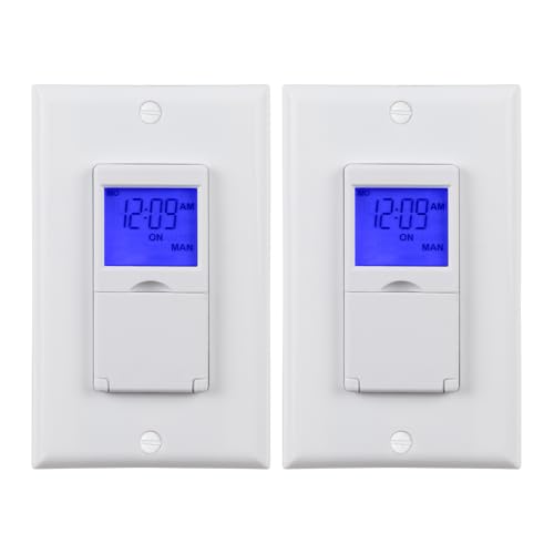 BN-LINK 7 Day Programmable in Wall Digital Timer Switch for Lights, Fans | 18 ON/OFF Programs, Random/DST Mode, Single Pole or 3 Way, 15A/1875W, Neutral Required, Blue Backlight, ETL Listed, 2 Pack - color: Blue Backlight, size: 2 Pack