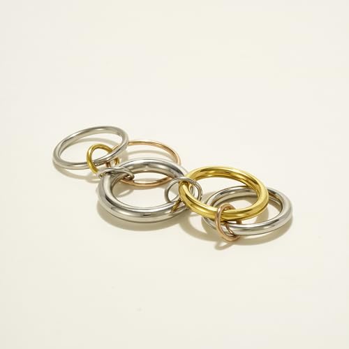 Shapes Studio Trio Linked Ring, stackable Ring, Minimalism style for women, Never Tarnish - size: 8, style: Five Band ( Three Silver, One Gold, One Rose Gold)