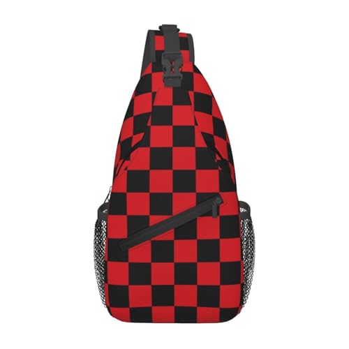 Checkered Crossbody Sling Bag for Women Men Abstract Geometric Pattern Christmas Plaid Sling Backpack Casual Chest Shoulder Bag Checkerboard with Red and Black Squares Sports Hiking Daypack - color: Black Red
