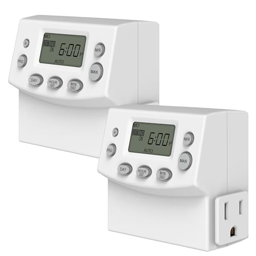 ENERLITES Heavy Duty Indoor Digital Timer Outlet, UL Listed, 2 Pack | 3 Prong Plug in Timers for Electrical Outlets, Lamps, Fans, Grounded Outlet, 7 Day Random, 120V 15A 1200W - color: White, size: Plug No Backlight