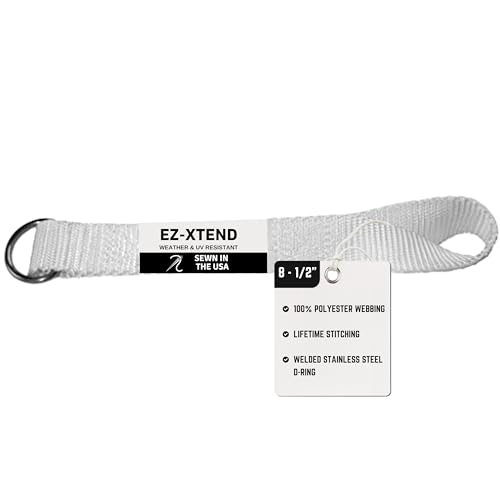 EZ-Xtend Premium D-Ring Strap with Loop for Rail Attachment of Standard Bimini Strap to Handrail - Stainless Steel D-Rings - Boat Accessories - 1 Pack (White, 8 1/2 inches with D-Ring & Loop) - color: White