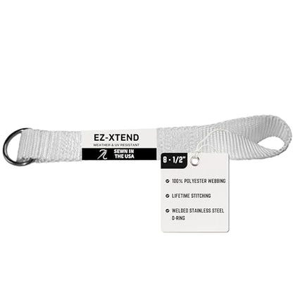 EZ-Xtend Premium D-Ring Strap with Loop for Rail Attachment of Standard Bimini Strap to Handrail - Stainless Steel D-Rings - Boat Accessories - 1 Pack (White, 8 1/2 inches with D-Ring & Loop) - color: White