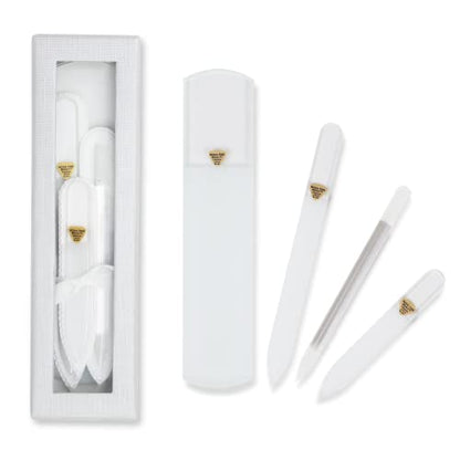 Bona Fide Beauty Czech Glass Gift Set: Foot File, Nail File, Cuticle Pusher | Clear set: genuine Bohemian crystal glass set includes protective cases and sleeves. Reusable and easy to clean. - color: Clear