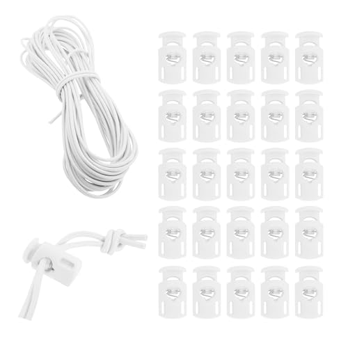 Mandala Crafts White Shock Cord & Cord Locks for Elastic Drawstrings | 10 YDs Bungee String, 25 Spring Toggle Clips, End Stopper Clamps, for Shoelaces, Paracord, Jackets, Hoodies, Backpacks - color: White