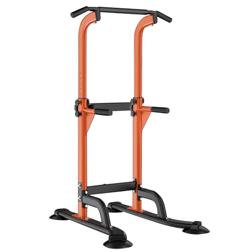 SogesHome Multi-Function Power Tower Pull Up Bar Dip Station for Home Gym | Height Adjustable PullUp Dip Stand, Full Body Strength Training Equipment, Fitness Workout for Push Ups Dips, 330LB Capacity - color: Orange