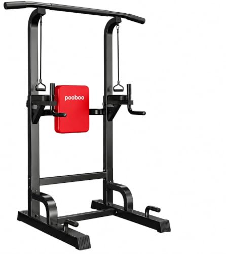 Pooboo Power Tower Dip Station Pull Up Bar for Fitness Home Gym Workout,450 Pounds Multi-Function Adjustable Height Fitness Strength Training Exercise Equipment,with Power Elastic Ropes - color: Black8